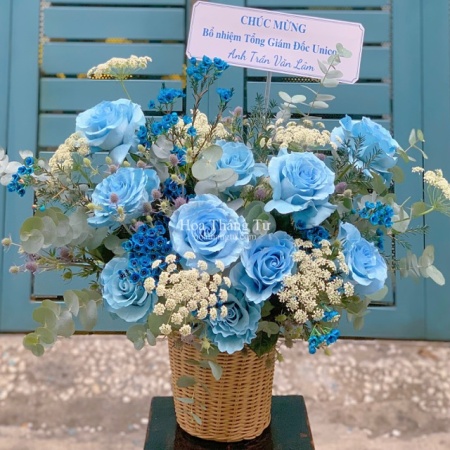 Giỏ hoa hồng Ecuador xanh dương nhạt